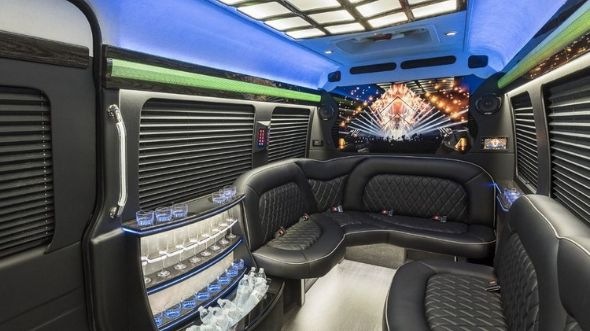 Interior of Charter Bus Company Barnstable's Sprinter Limo in Barnstable